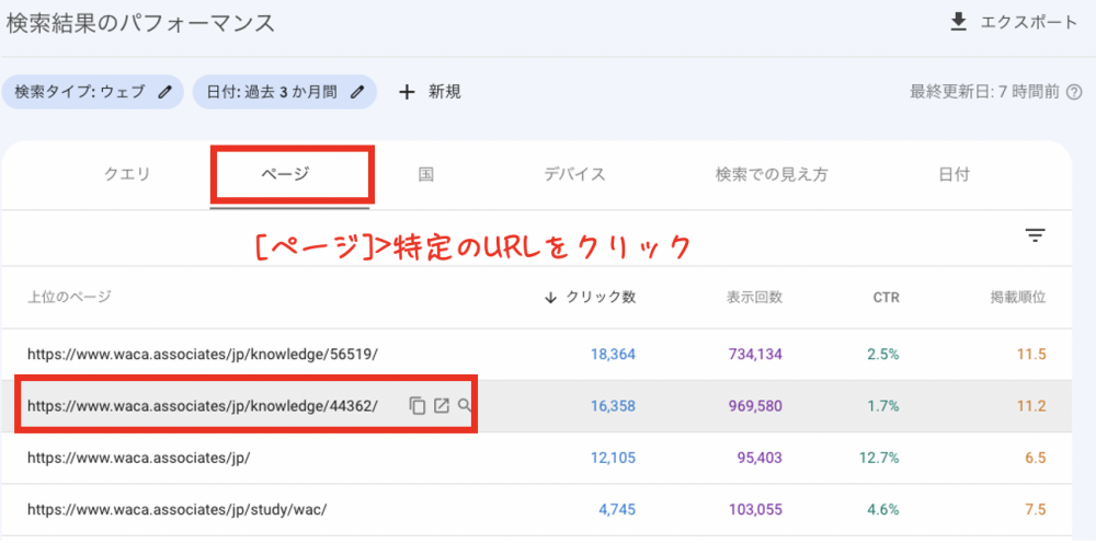 サーチコンソール画面、特定のページのみの検索結果表示